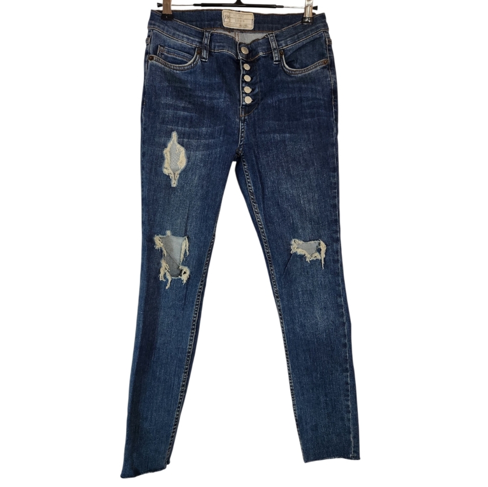 Free People High Rise Button Fly Distressed Skinny Jeans – Size 26
